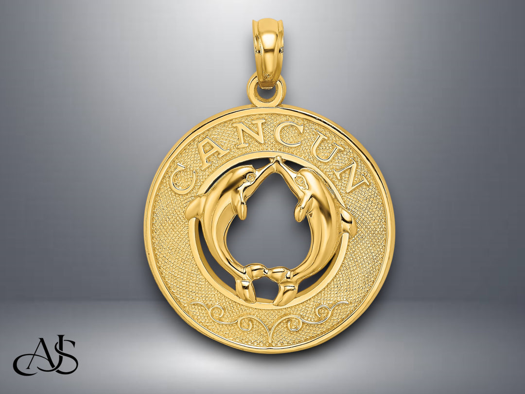 14K Yellow Gold CANCUN w/ Dolphin Circle Charm with Necklace Chain Options