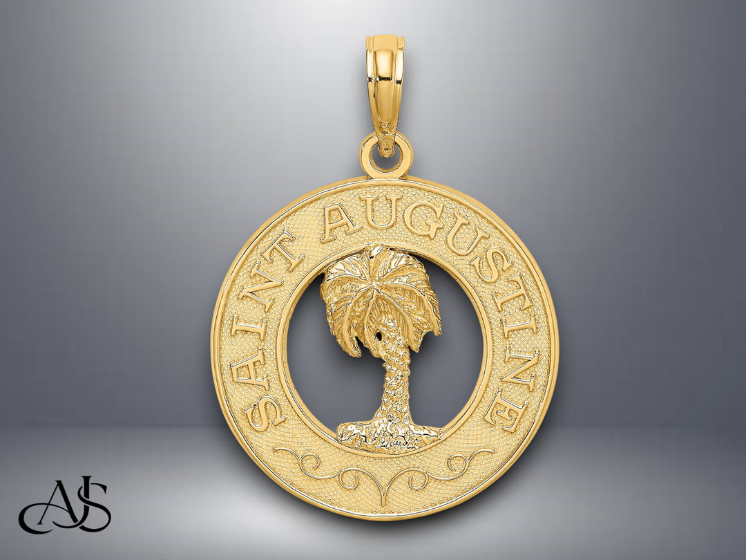 14K Yellow Gold SAINT AUGUSTINE w/ Palm Tree Circle Charm with Necklace Chain Options