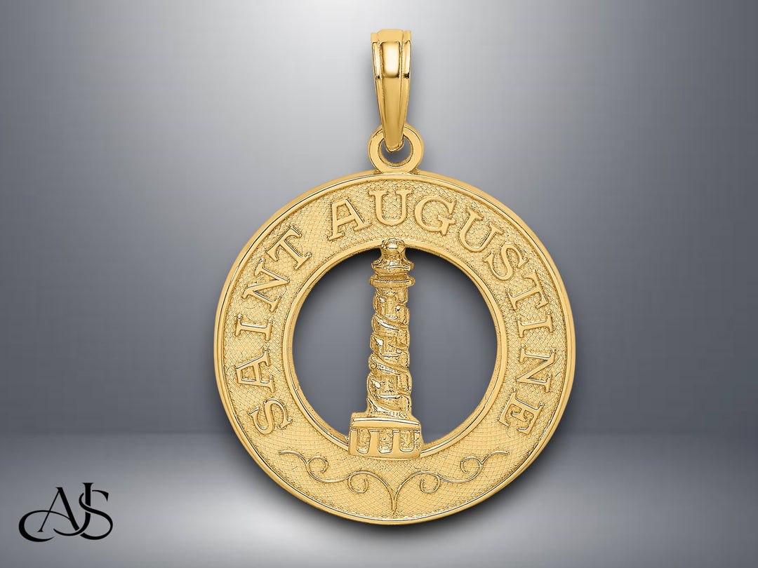 14K Yellow Gold SAINT AUGUSTINE w/Lighthouse Circle Charm with Necklace Chain Options