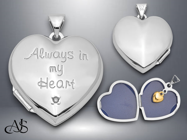 Sterling Silver Rhod-plated & Gold-tone Always In My Heart Dia Heart Locket | Build Your Locket Necklace with Engraving, Photo insertions, and Chain Options