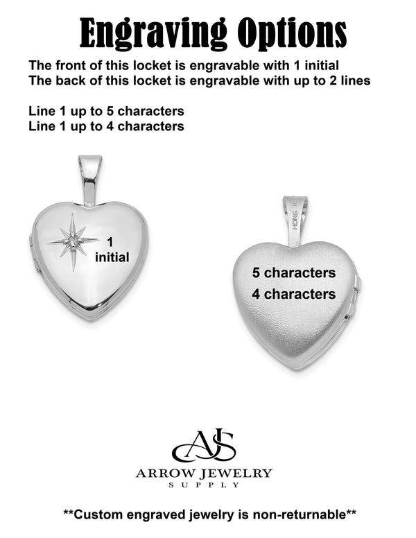 Sterling Silver Rhodium-plated Polished Diamond Star 12mm Heart Locket | Build Your Locket Necklace with Engraving, Photo insertions, and Chain Options