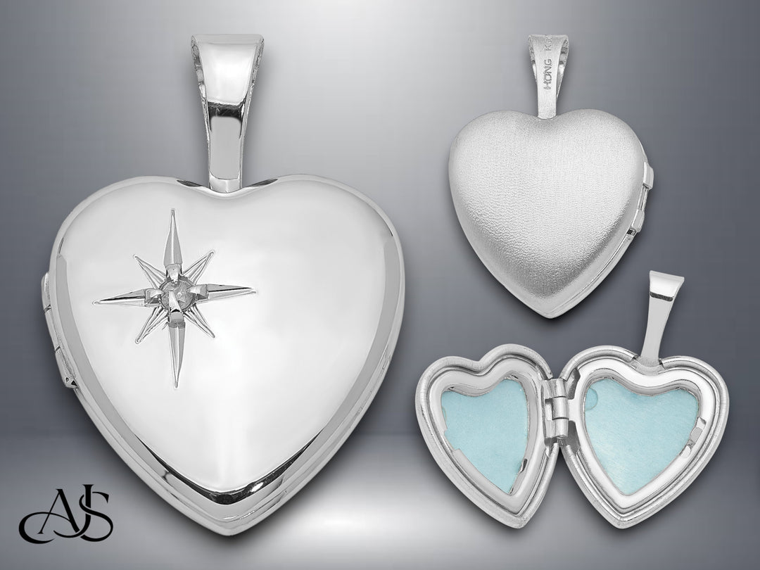 Sterling Silver Rhodium-plated Polished Diamond Star 12mm Heart Locket | Build Your Locket Necklace with Engraving, Photo insertions, and Chain Options