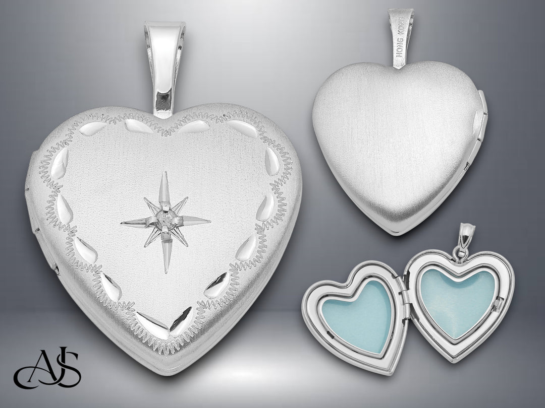 Sterling Silver Rhodium-plated Satin & D/C Diamond Star Heart Locket | Build Your Locket Necklace with Engraving, Photo insertions, and Chain Options