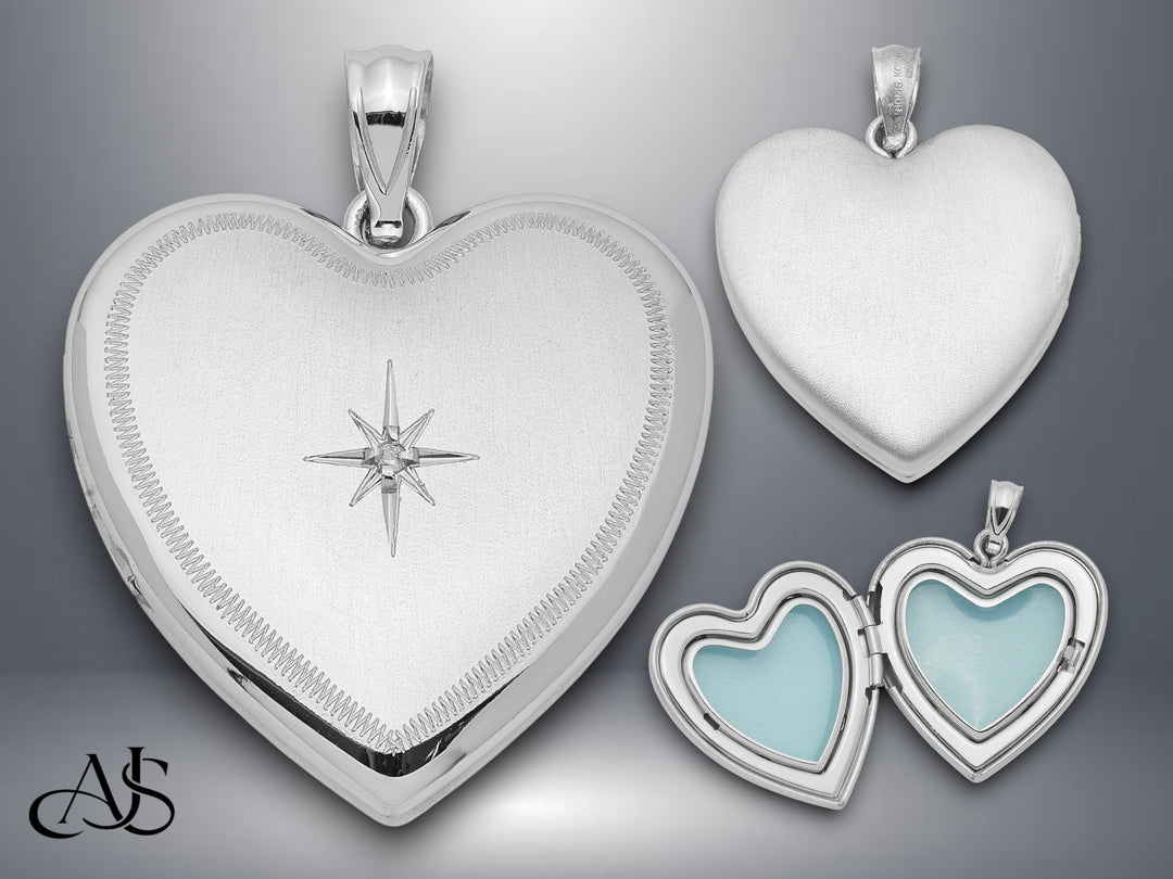 Sterling Silver Rhodium-plated & Diamond 24mm D/C Heart Locket | Build Your Locket Necklace with Engraving, Photo insertions, and Chain Options