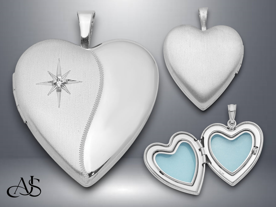 Sterling Silver Rhodium-plated 20mm with Diamond Star Heart Locket | Build Your Locket Necklace with Engraving, Photo insertions, and Chain Options