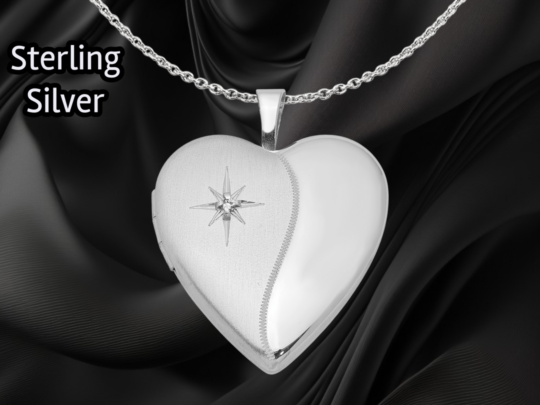 Sterling Silver Rhodium-plated 20mm with Diamond Star Heart Locket | Build Your Locket Necklace with Engraving, Photo insertions, and Chain Options