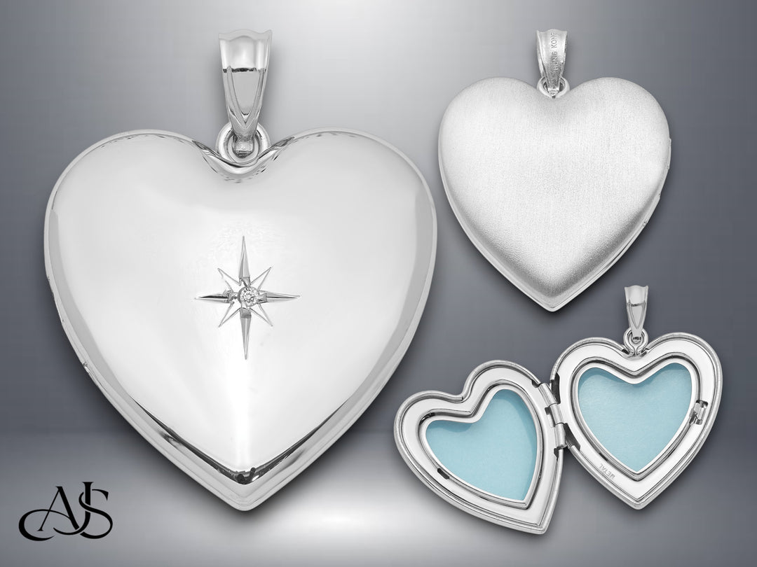 Sterling Silver Rhodium-plated 24mm w/ Diamond Star Design Heart Locket | Build Your Locket Necklace with Engraving, Photo insertions, and Chain Options