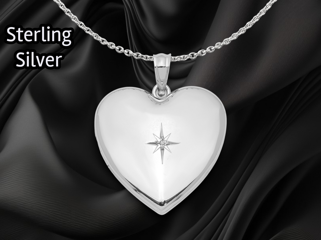 Sterling Silver Rhodium-plated 24mm w/ Diamond Star Design Heart Locket | Build Your Locket Necklace with Engraving, Photo insertions, and Chain Options
