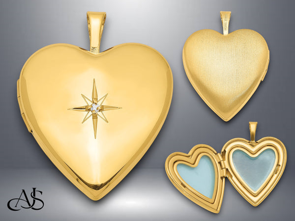 Sterling Silver Gold-plated Diamond Star 20mm Heart Locket | Build Your Locket Necklace with Engraving, Photo insertions, and Chain Options