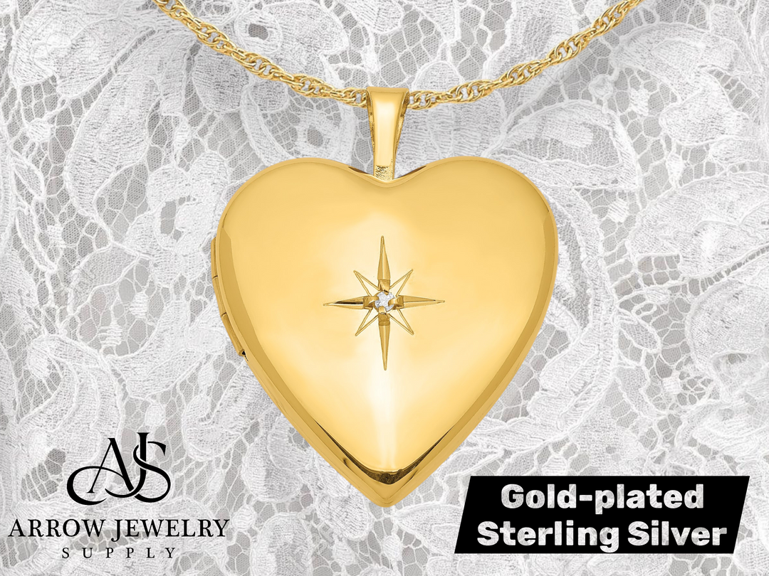 Sterling Silver Gold-plated Diamond Star 20mm Heart Locket | Build Your Locket Necklace with Engraving, Photo insertions, and Chain Options