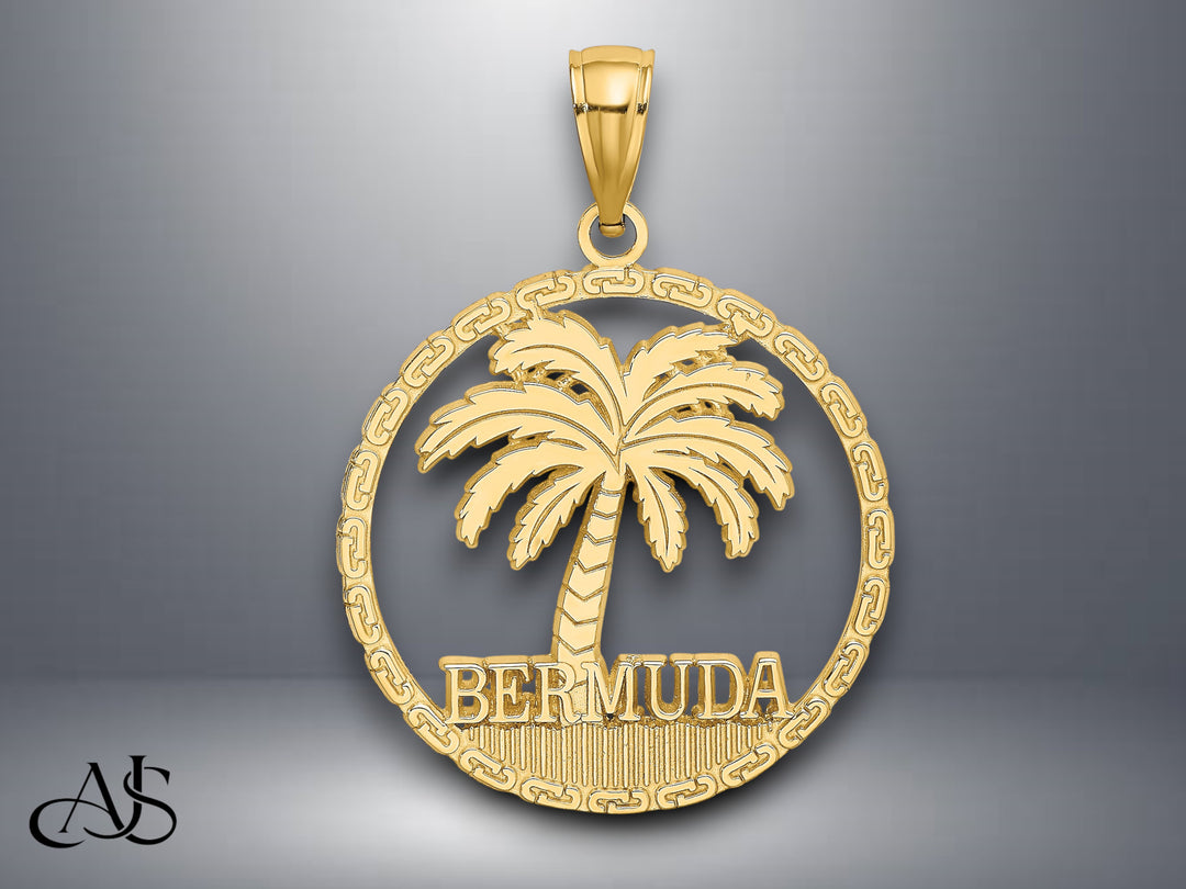 14K Yellow Gold BERMUDA Palm Tree Round Charm with Necklace Chain Options
