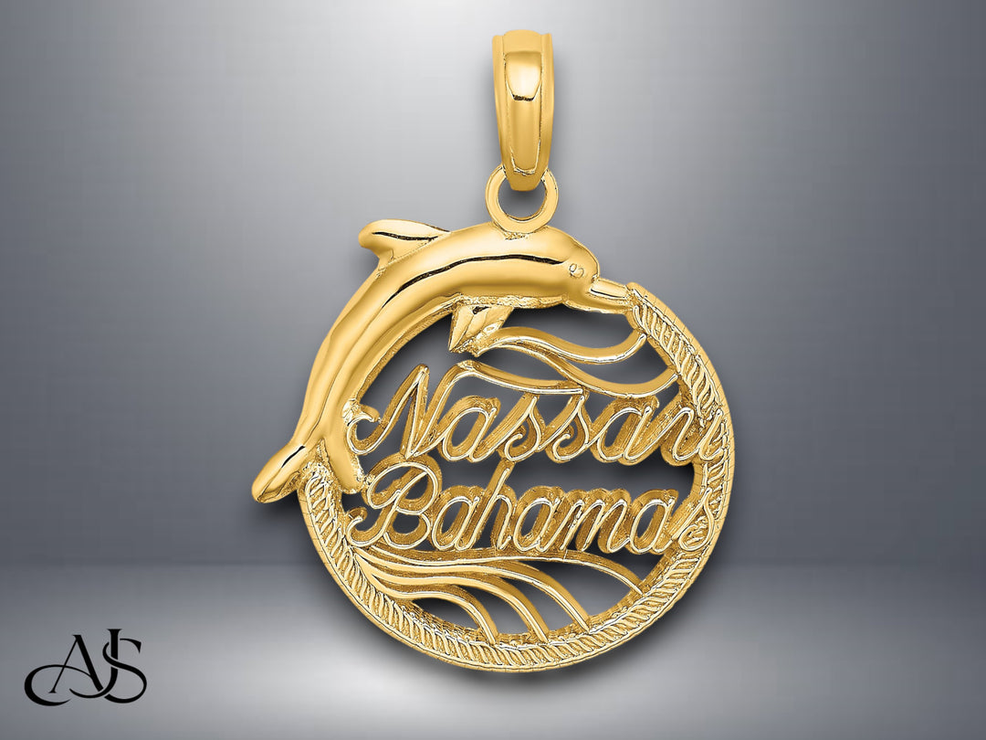 14K Yellow Gold Nassau BAHAMAS Dolphin Charm with Necklace Chain Options