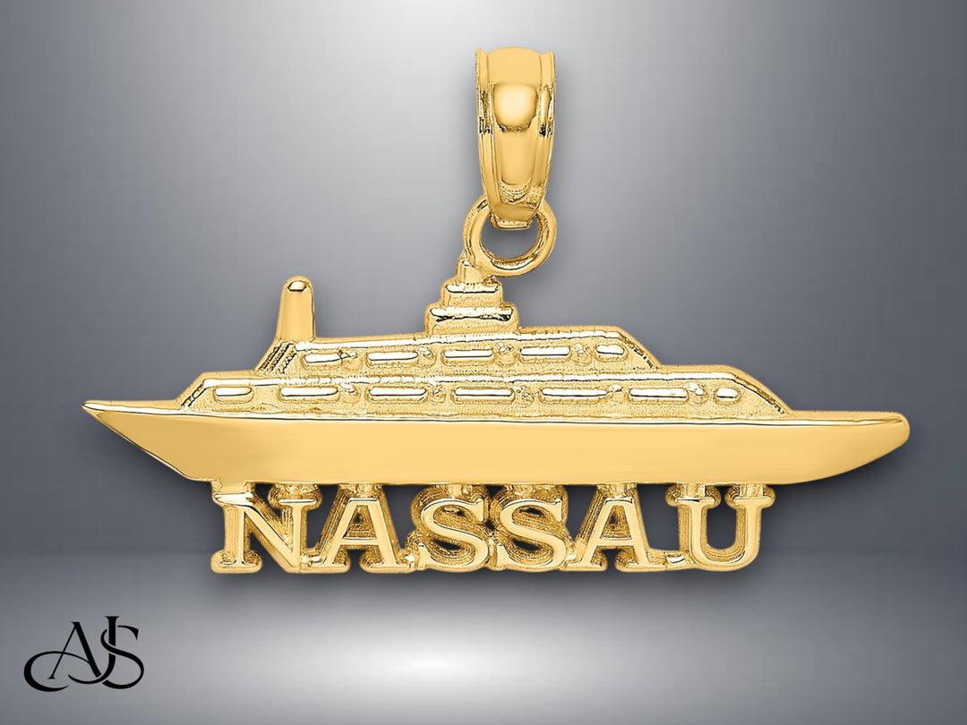14K Yellow Gold NASSAU Cruise Ship Charm with Necklace Chain Options