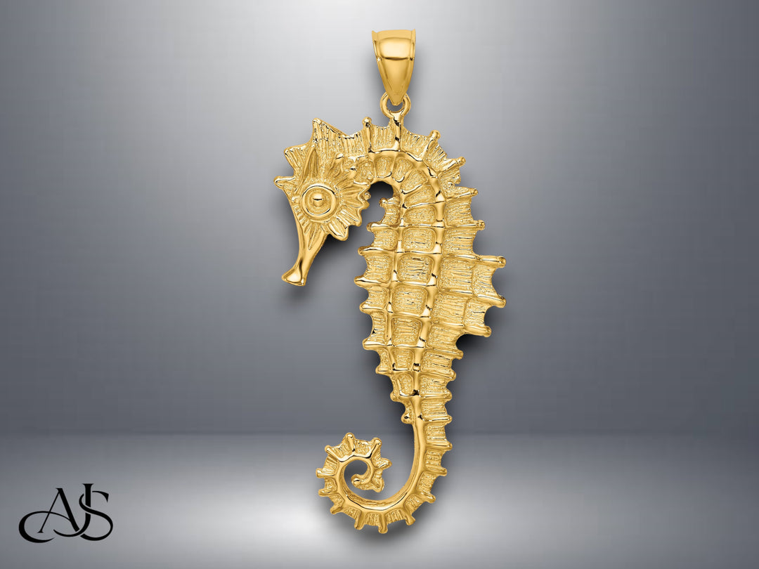 14K Yellow Gold Textured 3-D Seahorse Charm with Necklace Chain Options