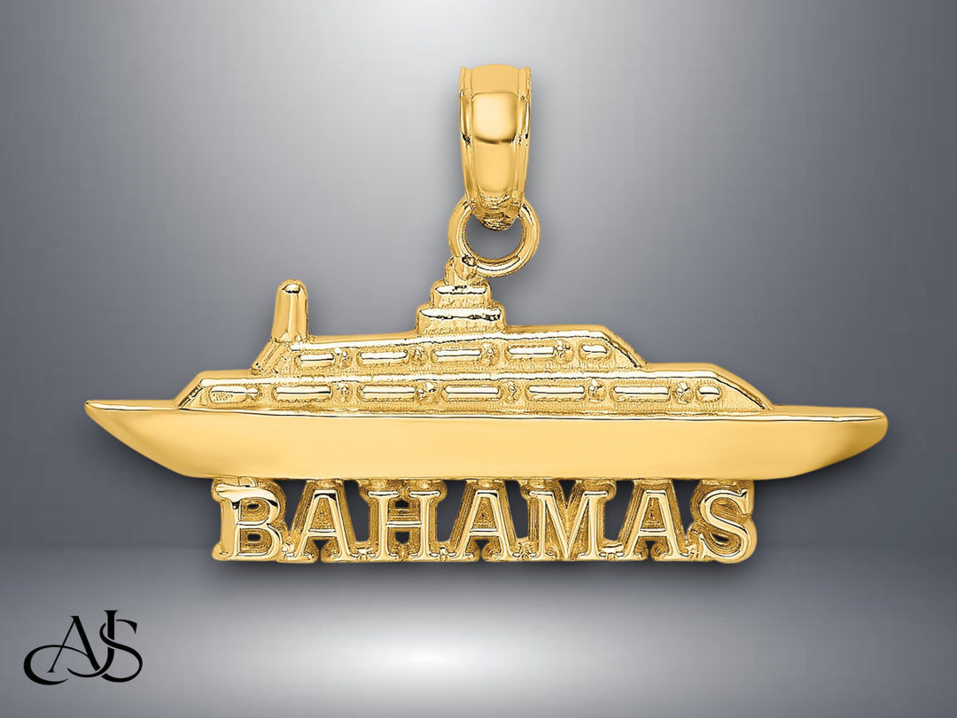 14K Yellow Gold BAHAMAS Cruise Ship Charm with Necklace Chain Options