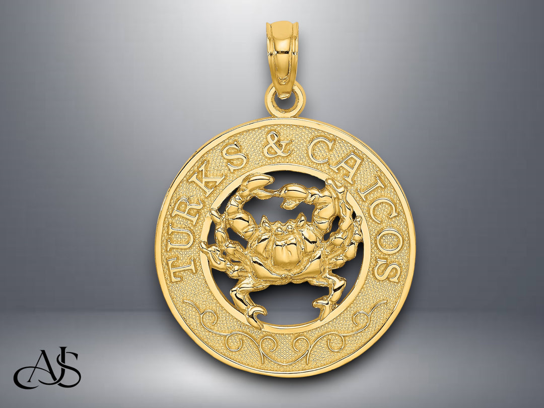 14K Yellow Gold TURKS AND CAICOS Circle w/ Crab Charm with Necklace Chain Options