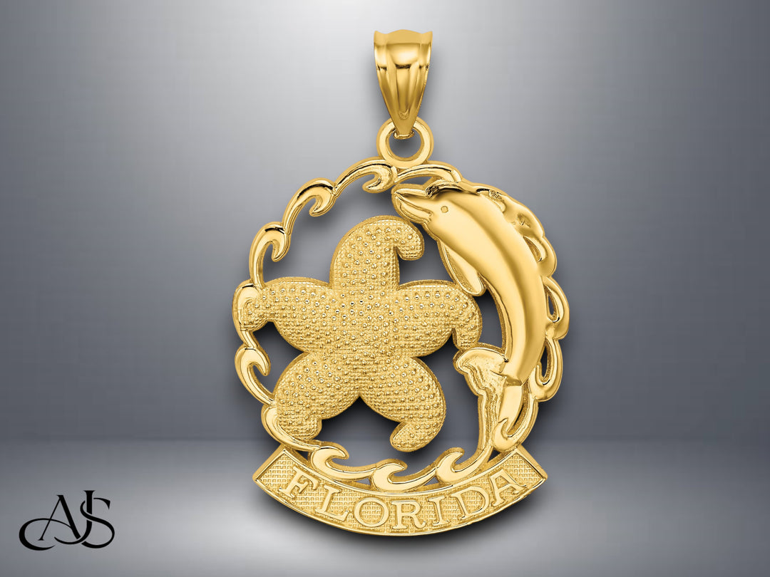 14K Yellow Gold FLORIDA Starfish and Dolphin Wave Charm with Necklace Chain Options