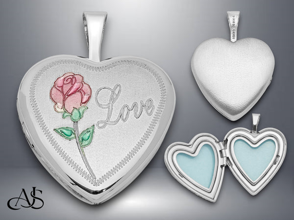Sterling Silver Rhodium-plated 16mm Enameled & D/C Love Heart Locket Locket | Build Your Locket Necklace with Engraving, Photo insertions, and Chain Options