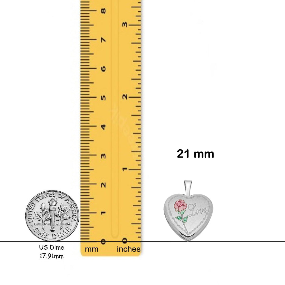 Sterling Silver Rhodium-plated 16mm Enameled & D/C Love Heart Locket Locket | Build Your Locket Necklace with Engraving, Photo insertions, and Chain Options