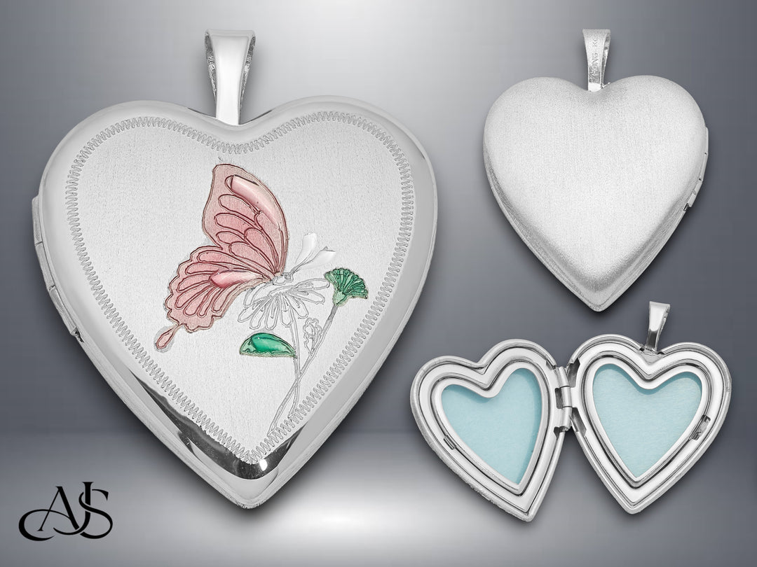 Sterling Silver Rhodium-plated 20mm Enameled Butterfly Heart Locket | Build Your Locket Necklace with Engraving, Photo insertions, and Chain Options