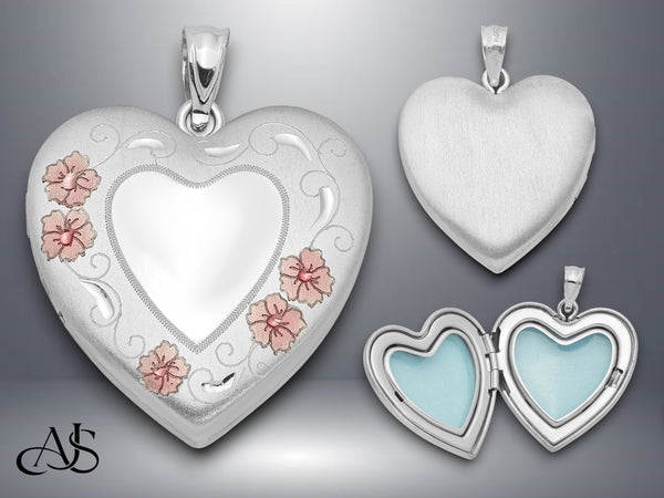 Sterling Silver Rhodium-plated 24mm Enameled Floral Border Heart Locket | Build Your Locket Necklace with Engraving, Photo insertions, and Chain Options