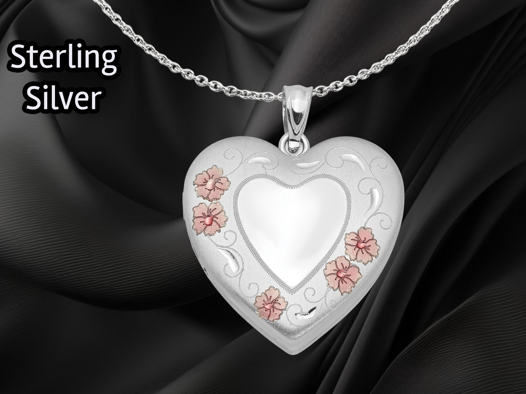 Sterling Silver Rhodium-plated 24mm Enameled Floral Border Heart Locket | Build Your Locket Necklace with Engraving, Photo insertions, and Chain Options