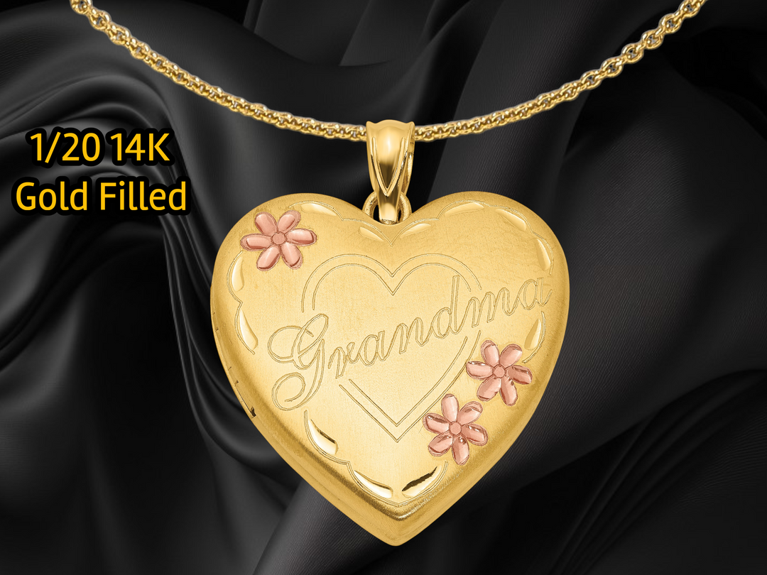 14K Yellow Gold Filled Grandma 23mm Enameled Family Heart Locket | Build Your Locket Necklace with Engraving, Photo insertions, and Chain Options
