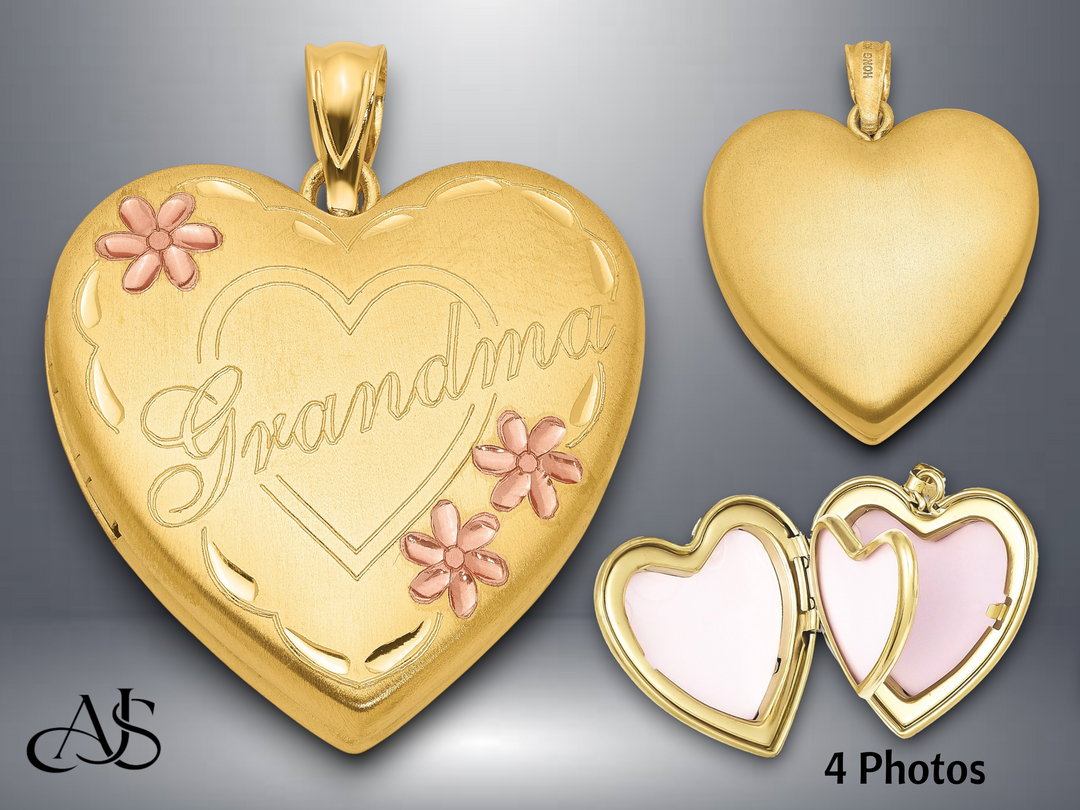 14K Yellow Gold Filled Grandma 23mm Enameled Family Heart Locket | Build Your Locket Necklace with Engraving, Photo insertions, and Chain Options