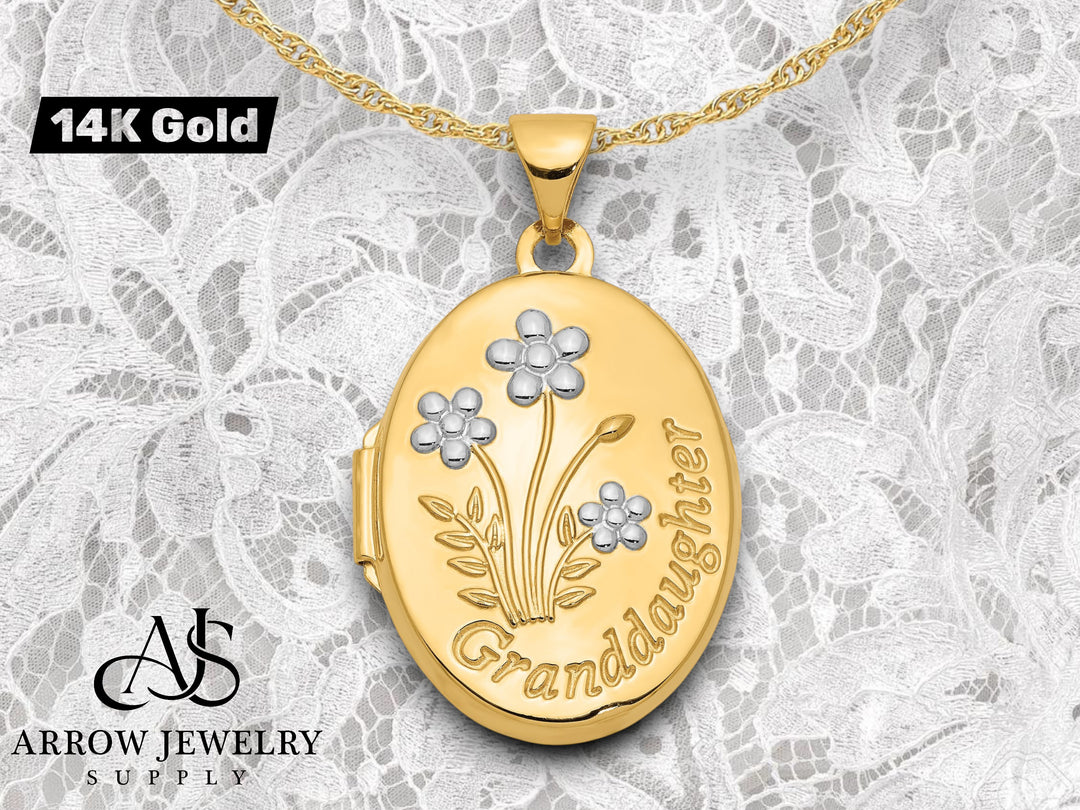 14K Yellow Gold White Rhodium Floral GRANDDAUGHTER with Poem on Reverse 21mm Oval Locket | Build Your Locket Necklace with Engraving, Photo insertions, and Chain Options