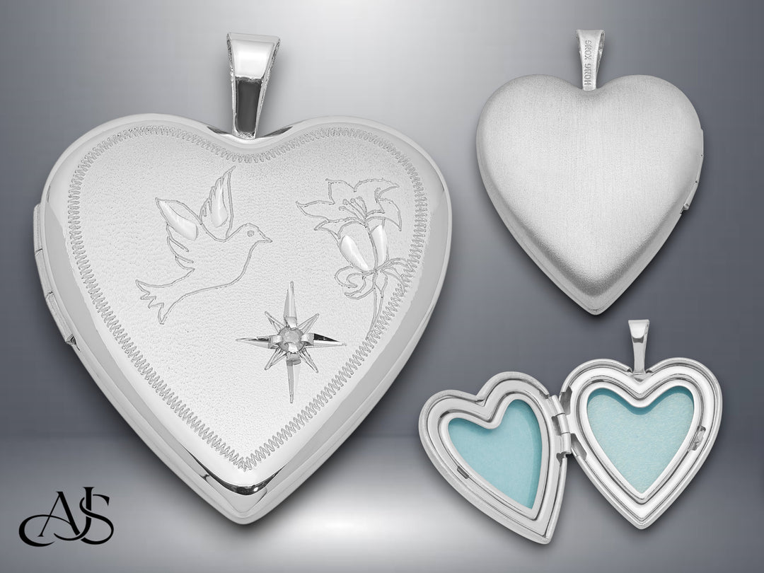 Sterling Silver Rhodium-plated Diamond D/C Dove & Flower Heart Locket | Build Your Locket Necklace with Engraving, Photo insertions, and Chain Options