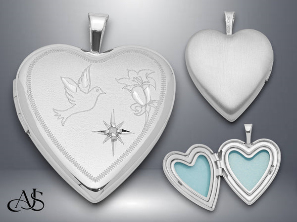 Sterling Silver Rhodium-plated Diamond D/C Dove & Flower Heart Locket | Build Your Locket Necklace with Engraving, Photo insertions, and Chain Options
