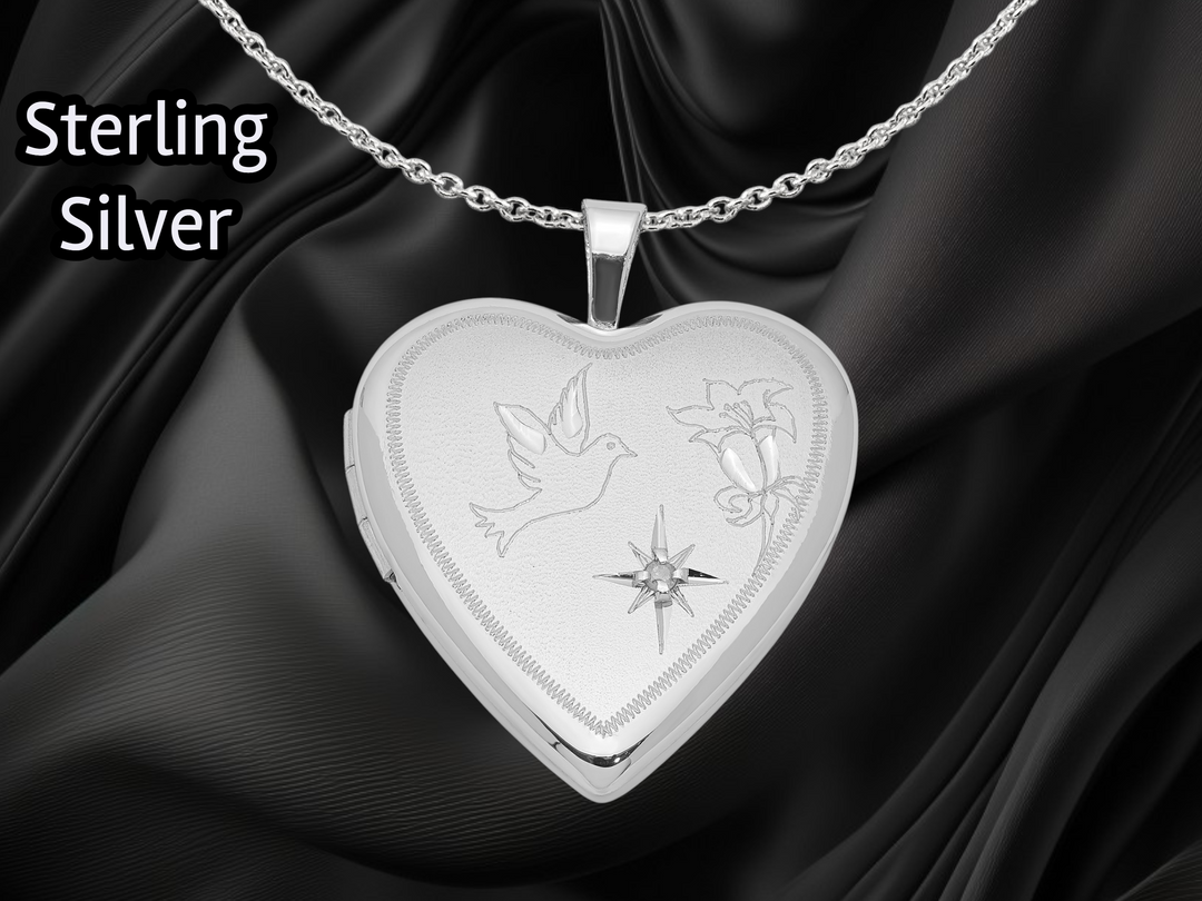 Sterling Silver Rhodium-plated Diamond D/C Dove & Flower Heart Locket | Build Your Locket Necklace with Engraving, Photo insertions, and Chain Options
