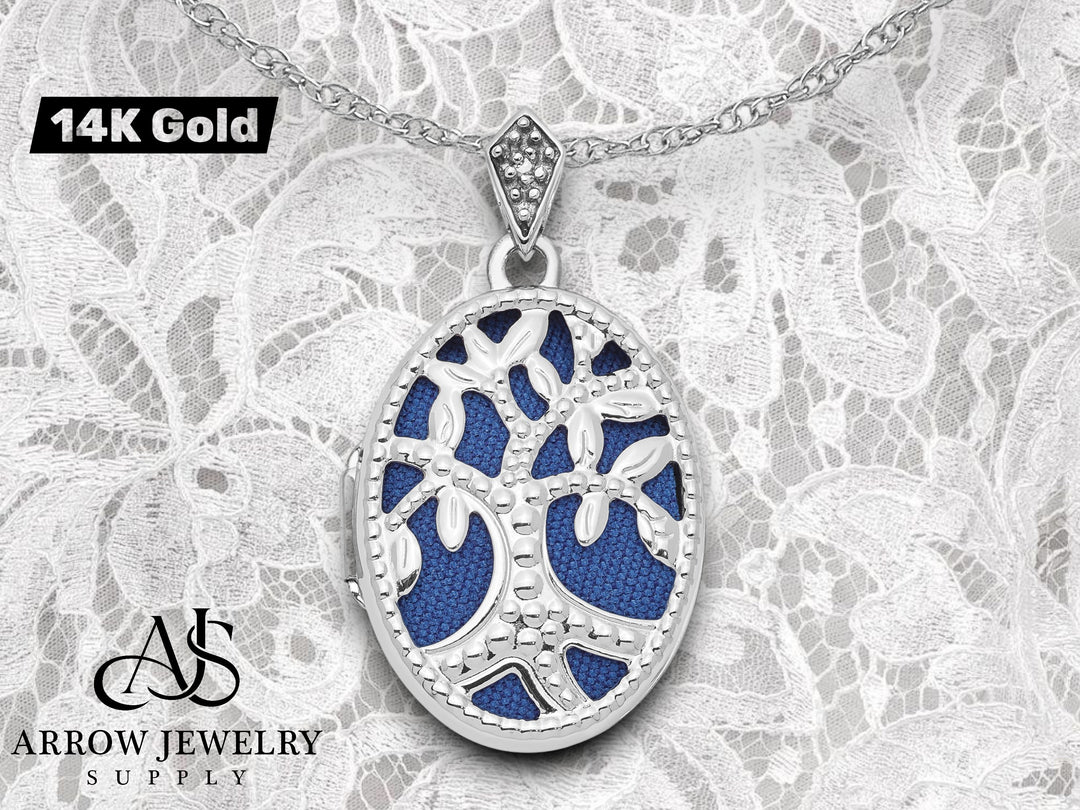 14K White Gold Diamond Cut-out Tree with Blue Fabric Interior 23mm Oval Locket | Build Your Locket Necklace with Engraving, Photo insertions, and Chain Options