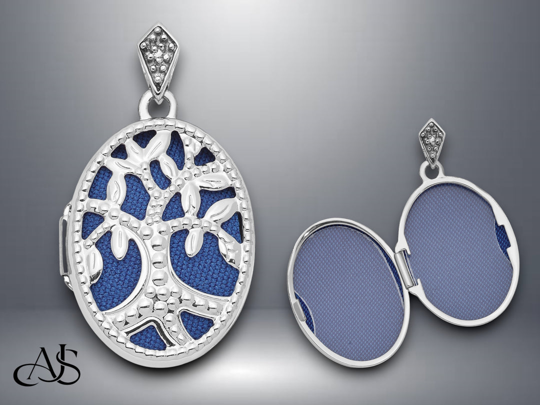 14K White Gold Diamond Cut-out Tree with Blue Fabric Interior 23mm Oval Locket | Build Your Locket Necklace with Engraving, Photo insertions, and Chain Options
