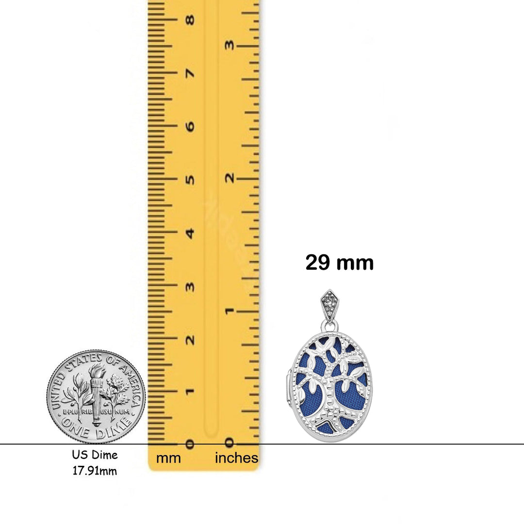 14K White Gold Diamond Cut-out Tree with Blue Fabric Interior 23mm Oval Locket | Build Your Locket Necklace with Engraving, Photo insertions, and Chain Options