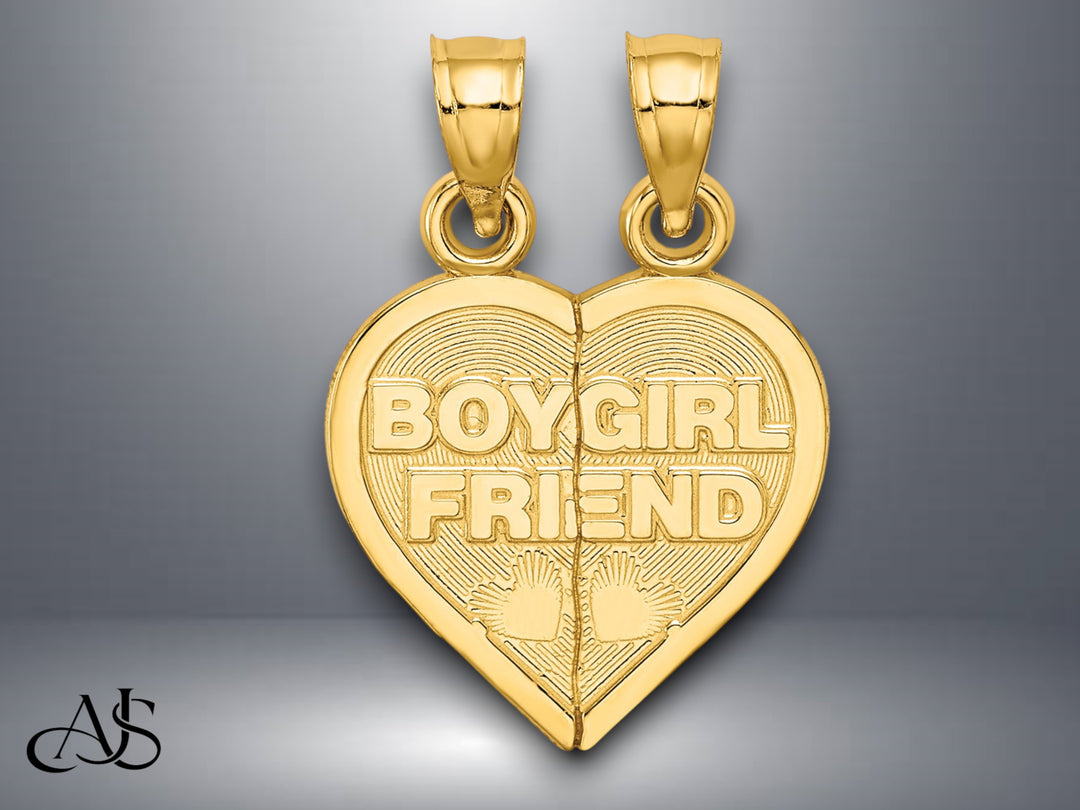 14K Yellow Gold BOY/GIRL FRIEND Break-apart Heart Charm with Necklace Chain Options