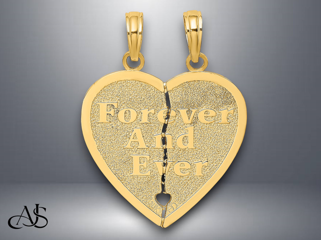 14K Yellow Gold FOREVER AND EVER Break-Apart Heart Charm with Necklace Chain Options
