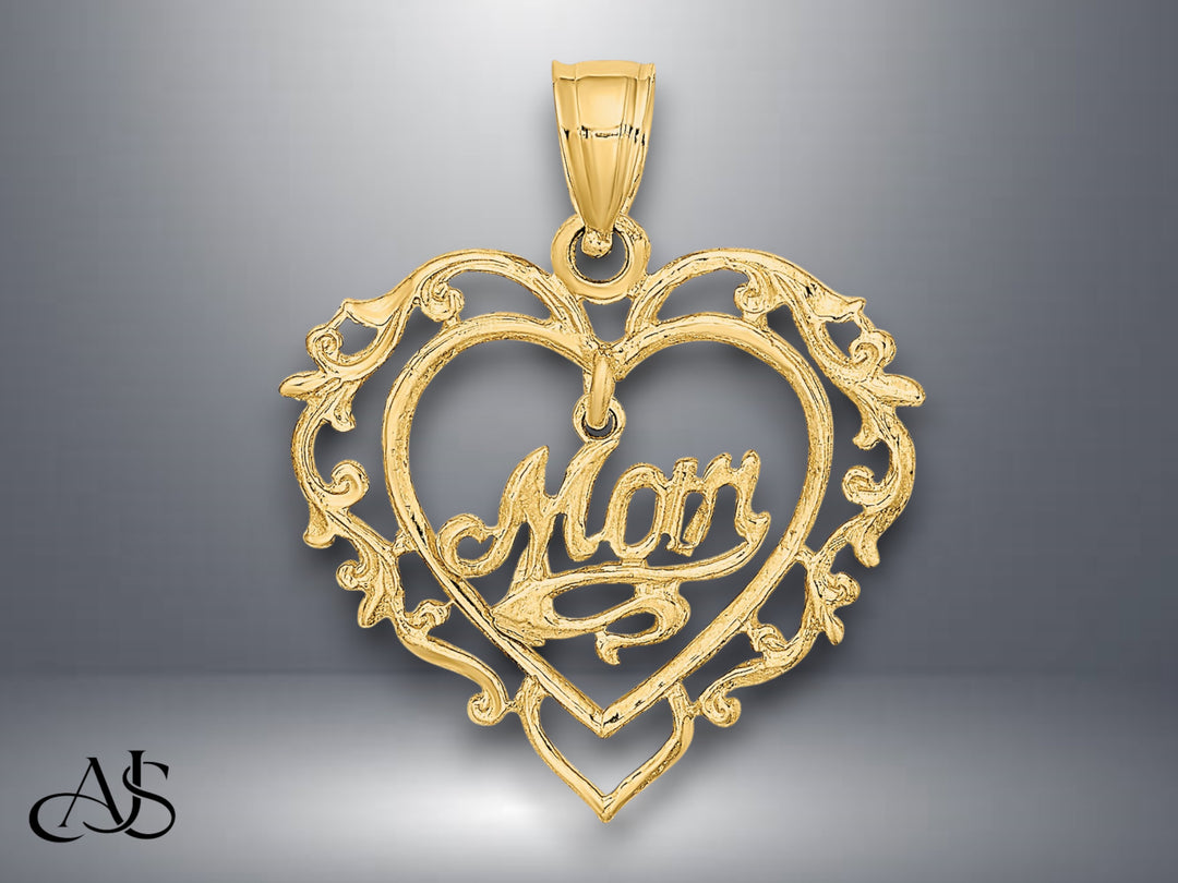 14K Yellow Gold Polished MOM Dangle in Fancy Heart Pendant with Necklace Chain Options