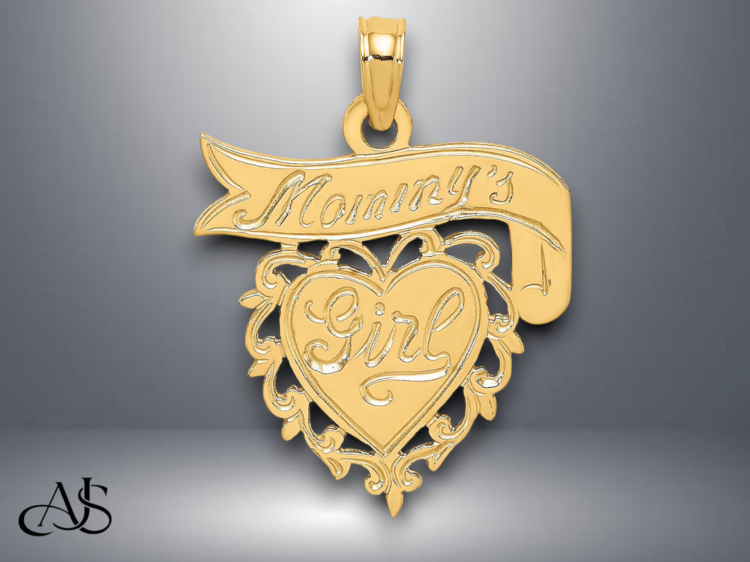 14K Yellow Gold MOMMY'S GIRL In Heart w/Banner Charm with Necklace Chain Options