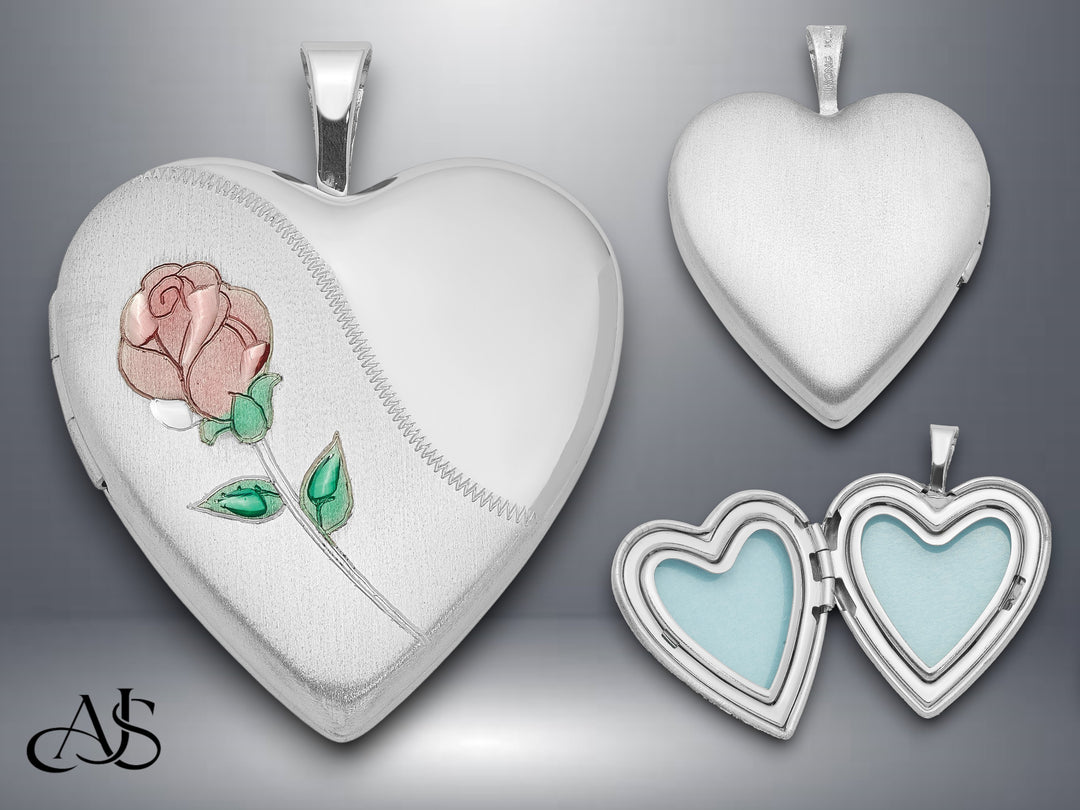 Sterling Silver Rhod-plated 20mm or 24mm Satin, Enamel, D/C Floral Heart Locket | Build Your Locket Necklace with Engraving, Photo insertions, and Chain Options