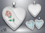 Load image into Gallery viewer, Sterling Silver Rhod-plated 20mm or 24mm Satin, Enamel, D/C Floral Heart Locket | Build Your Locket Necklace with Engraving, Photo insertions, and Chain Options
