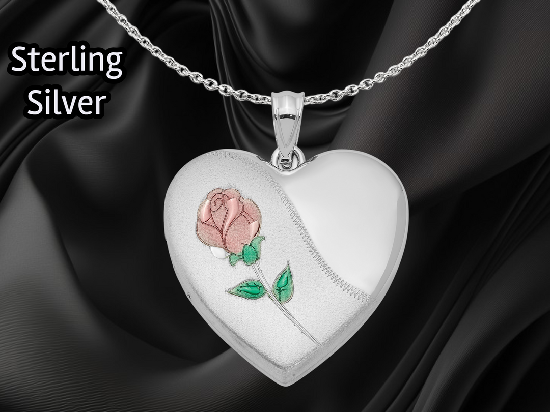 Sterling Silver Rhod-plated 20mm or 24mm Satin, Enamel, D/C Floral Heart Locket | Build Your Locket Necklace with Engraving, Photo insertions, and Chain Options