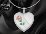 Load image into Gallery viewer, Sterling Silver Rhod-plated 20mm or 24mm Satin, Enamel, D/C Floral Heart Locket | Build Your Locket Necklace with Engraving, Photo insertions, and Chain Options
