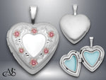 Load image into Gallery viewer, Sterling Silver RH-plated Polished / Satin Epoxy 16mm Floral Heart Locket | Build Your Locket Necklace with Engraving, Photo insertions, and Chain Options
