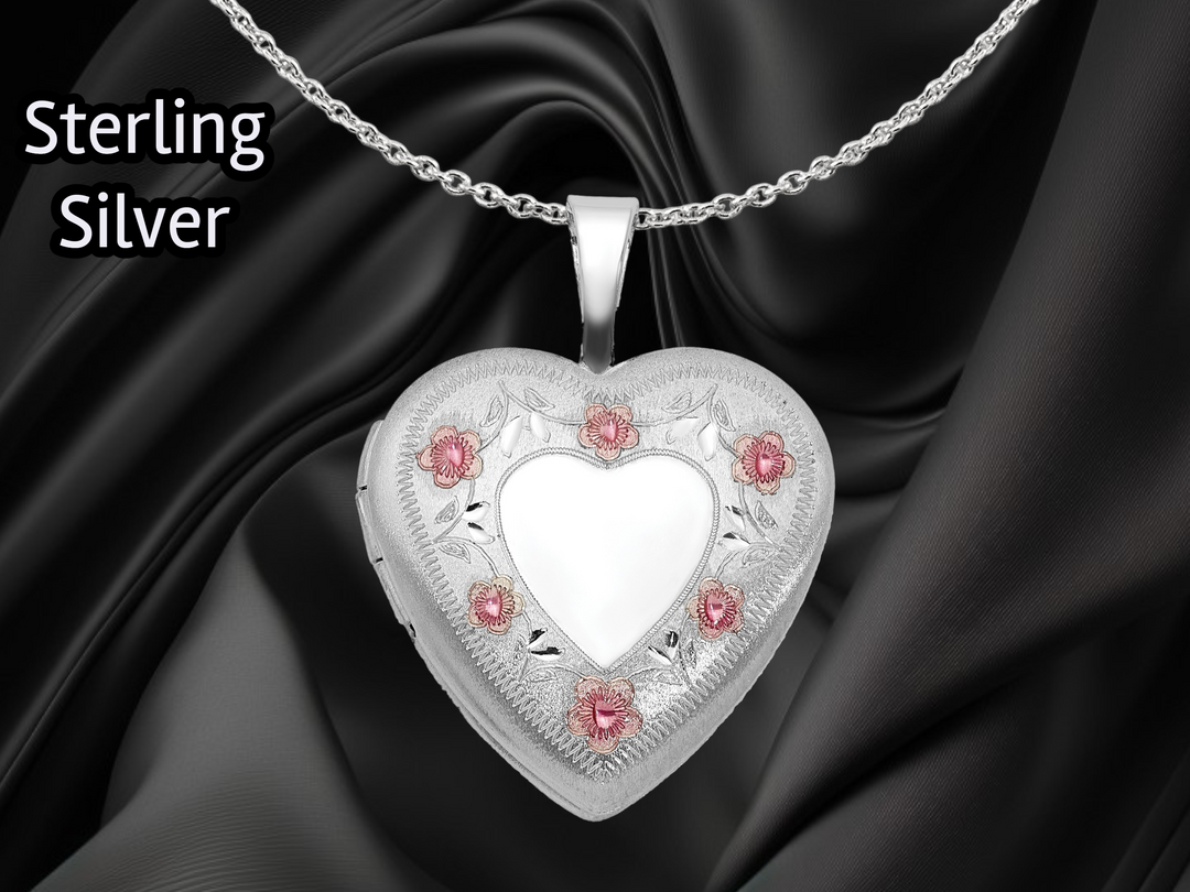 Sterling Silver RH-plated Polished / Satin Epoxy 16mm Floral Heart Locket | Build Your Locket Necklace with Engraving, Photo insertions, and Chain Options