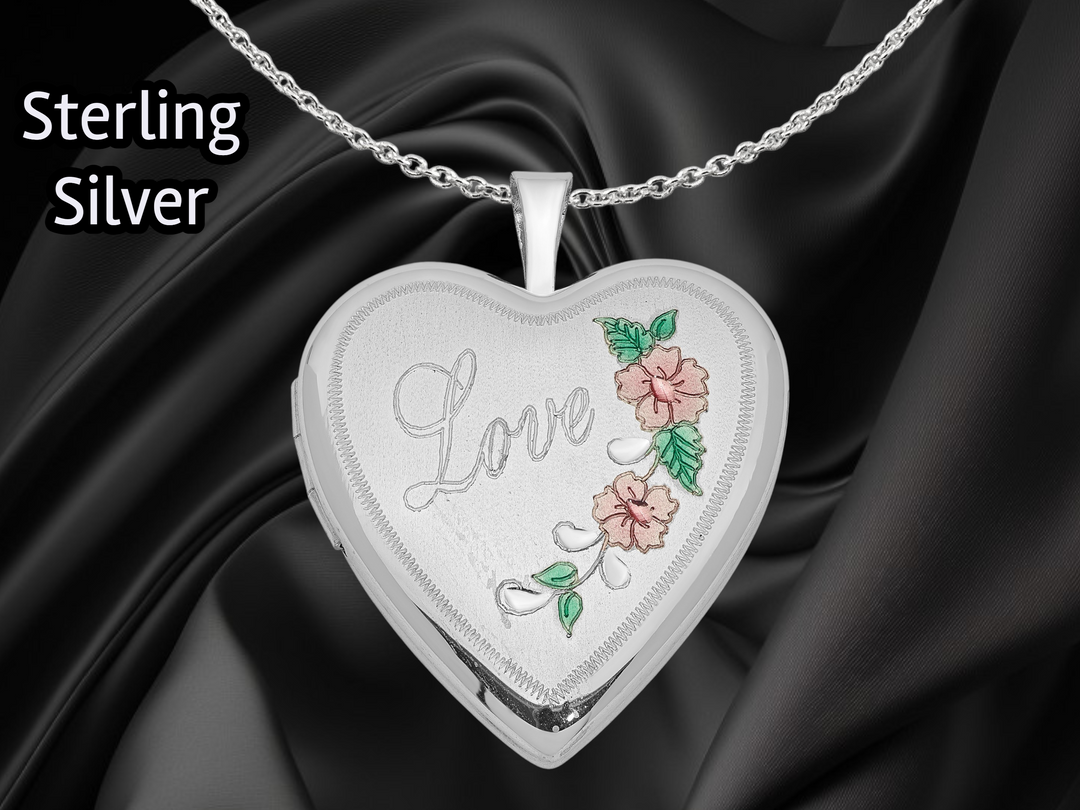 Sterling Silver Rhodium-plated 20mm D/C & Enameled Love Heart Locket | Build Your Locket Necklace with Engraving, Photo insertions, and Chain Options