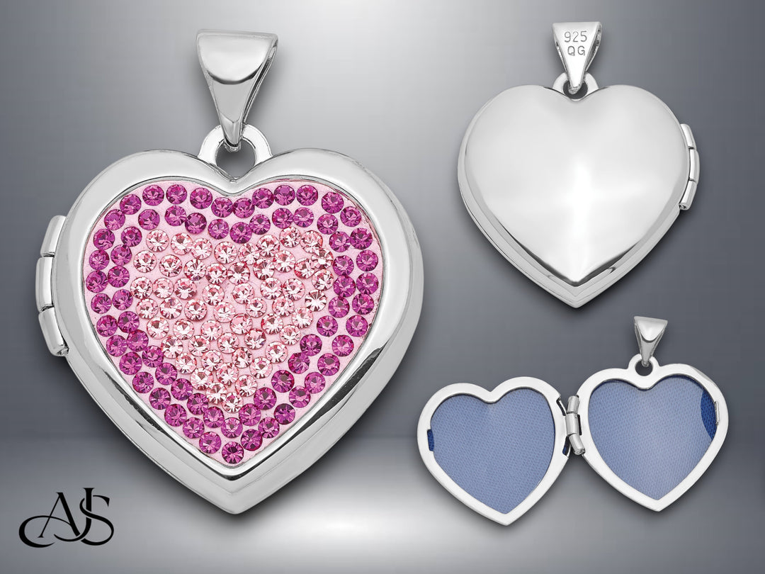 Sterling Silver Rhodium-plated 18mm Preciosa Crystal Heart Locket | Build Your Locket Necklace with Engraving, Photo insertions, and Chain Options