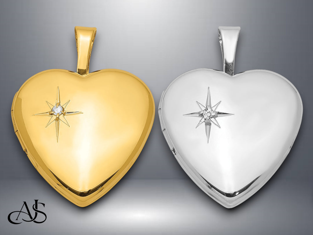 Sterling Silver Polished Diamond Star 16mm Heart Locket | Build Your Locket Necklace with Engraving, Photo insertions, and Chain Options