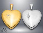 Load image into Gallery viewer, Sterling Silver Polished Diamond Star 16mm Heart Locket | Build Your Locket Necklace with Engraving, Photo insertions, and Chain Options

