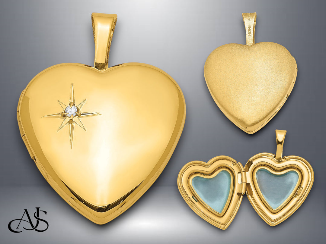 Sterling Silver Polished Diamond Star 16mm Heart Locket | Build Your Locket Necklace with Engraving, Photo insertions, and Chain Options
